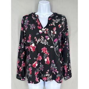J Jill Top Womens XSP Black Floral Velvet Trim Pink Boho Cottage Stretch Flowy